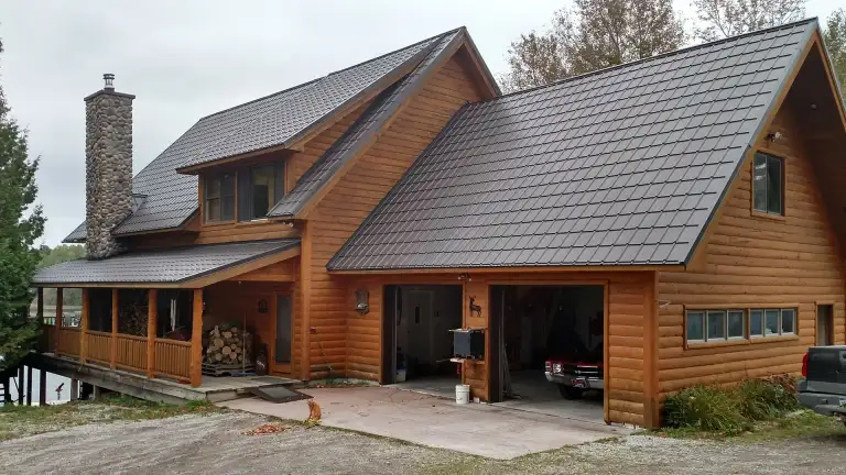 A steel tile metal roof showing panel colour and profile
