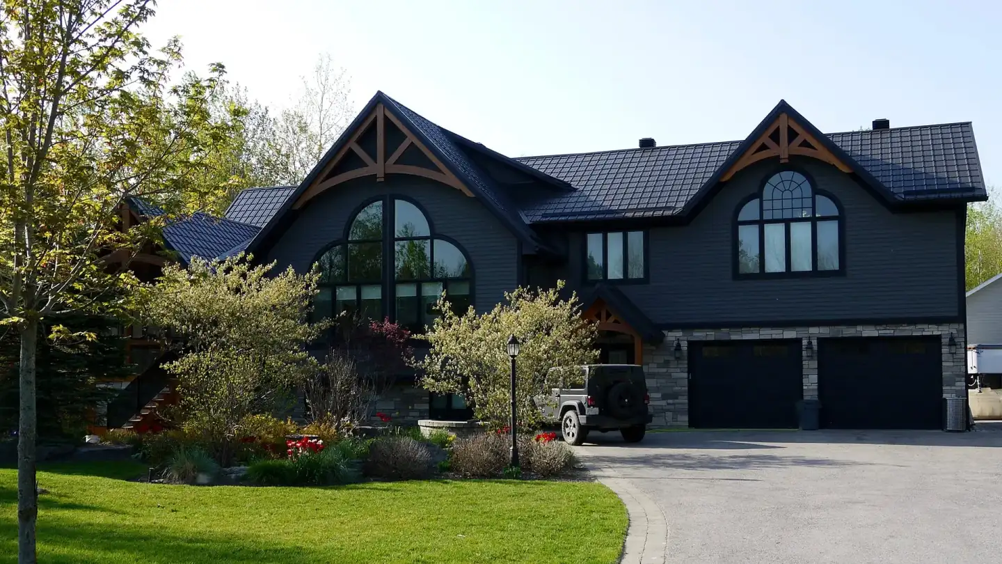 Close-up of steel tile metal roofing panels